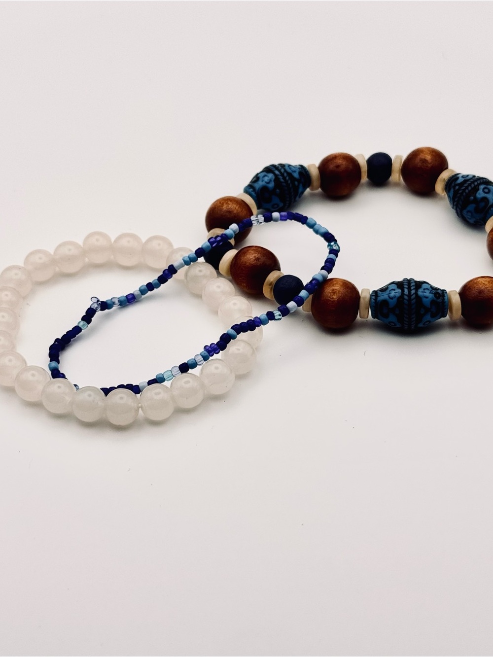 Hand Crafted White, Blue & Brown Beaded Bracelet Set